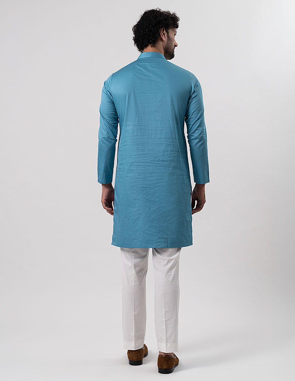 Teal Blue Cotton-Satin Kurta