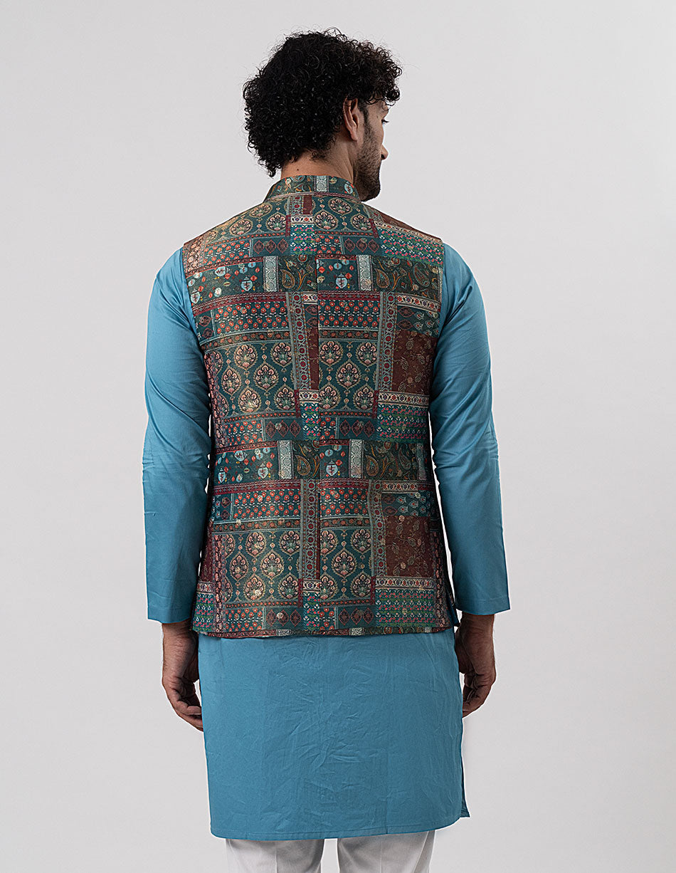 Teal Patchwork Jari Brocade Bandhgala