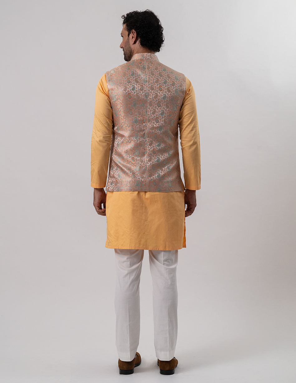 Peach Gold Paisley Brocade Bandhgala