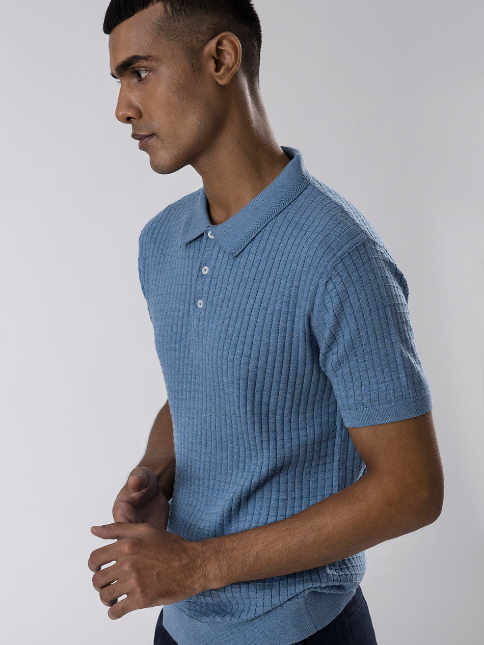 BLUE MELANGE TEXTURED POLO