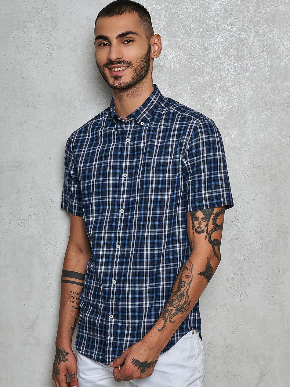 NAVY WHITE MELANGE CHECK - S/S