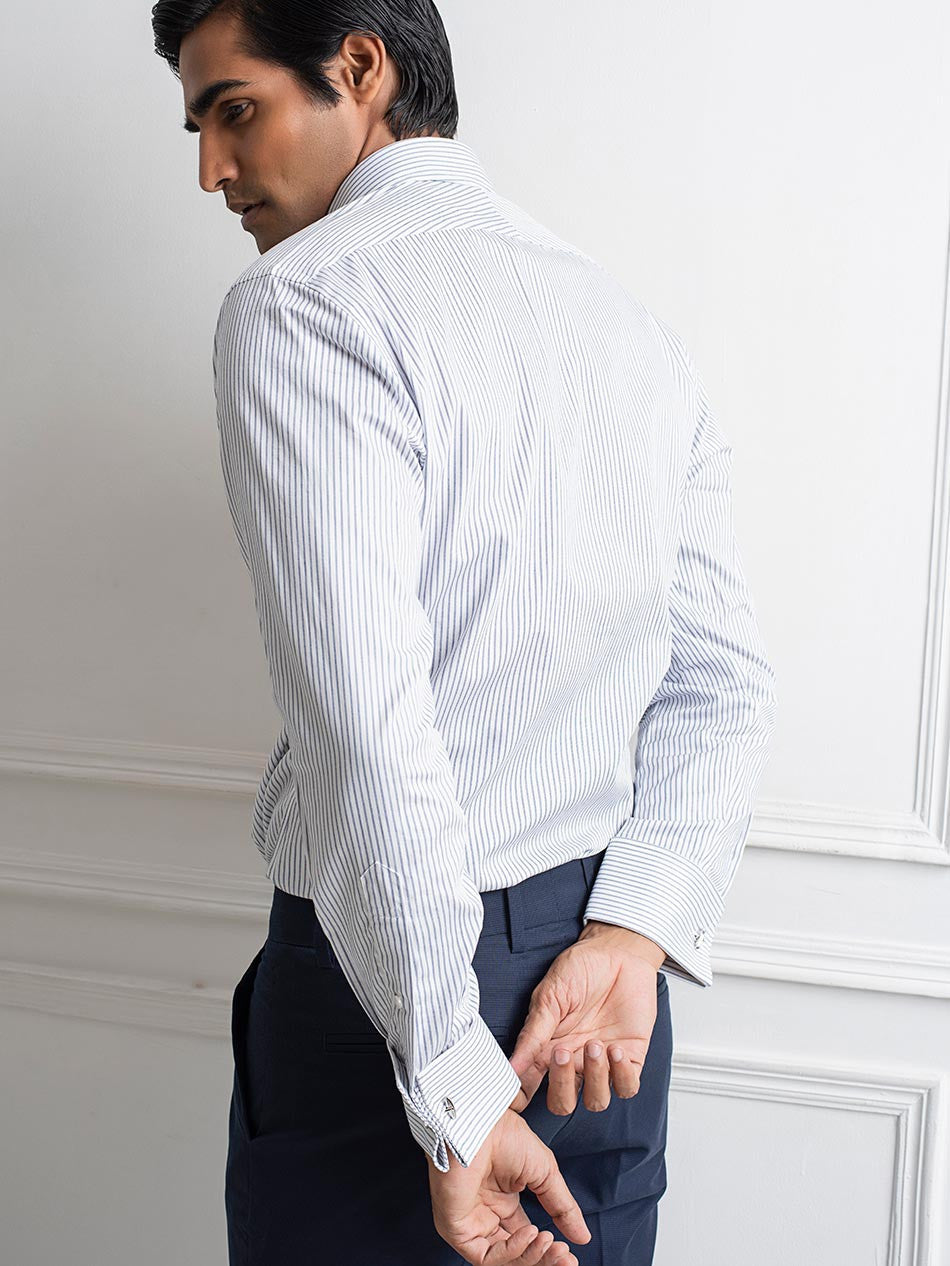 NAVY TWILL STRIPE FRENCH CUFF SHIRT