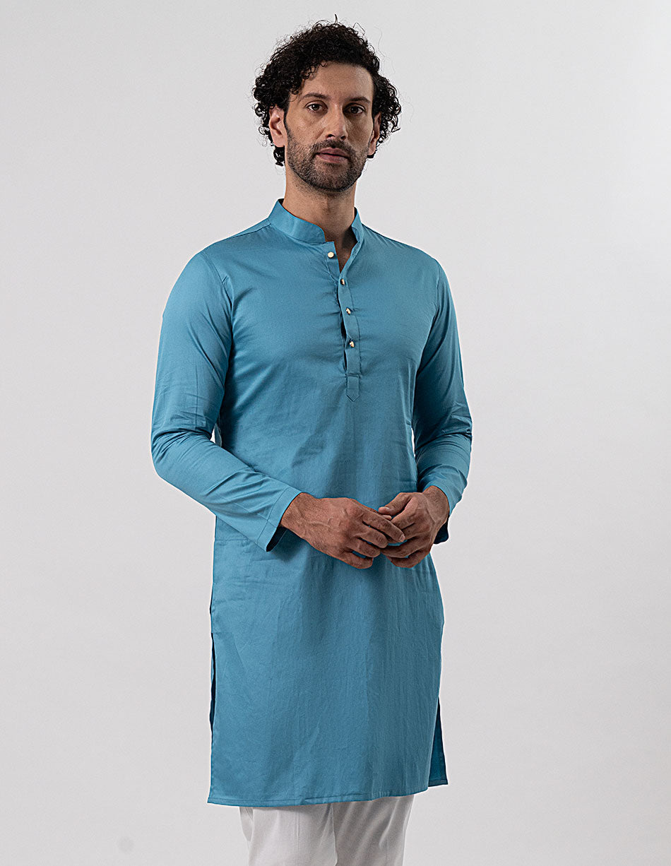 Teal Blue Cotton-Satin Kurta