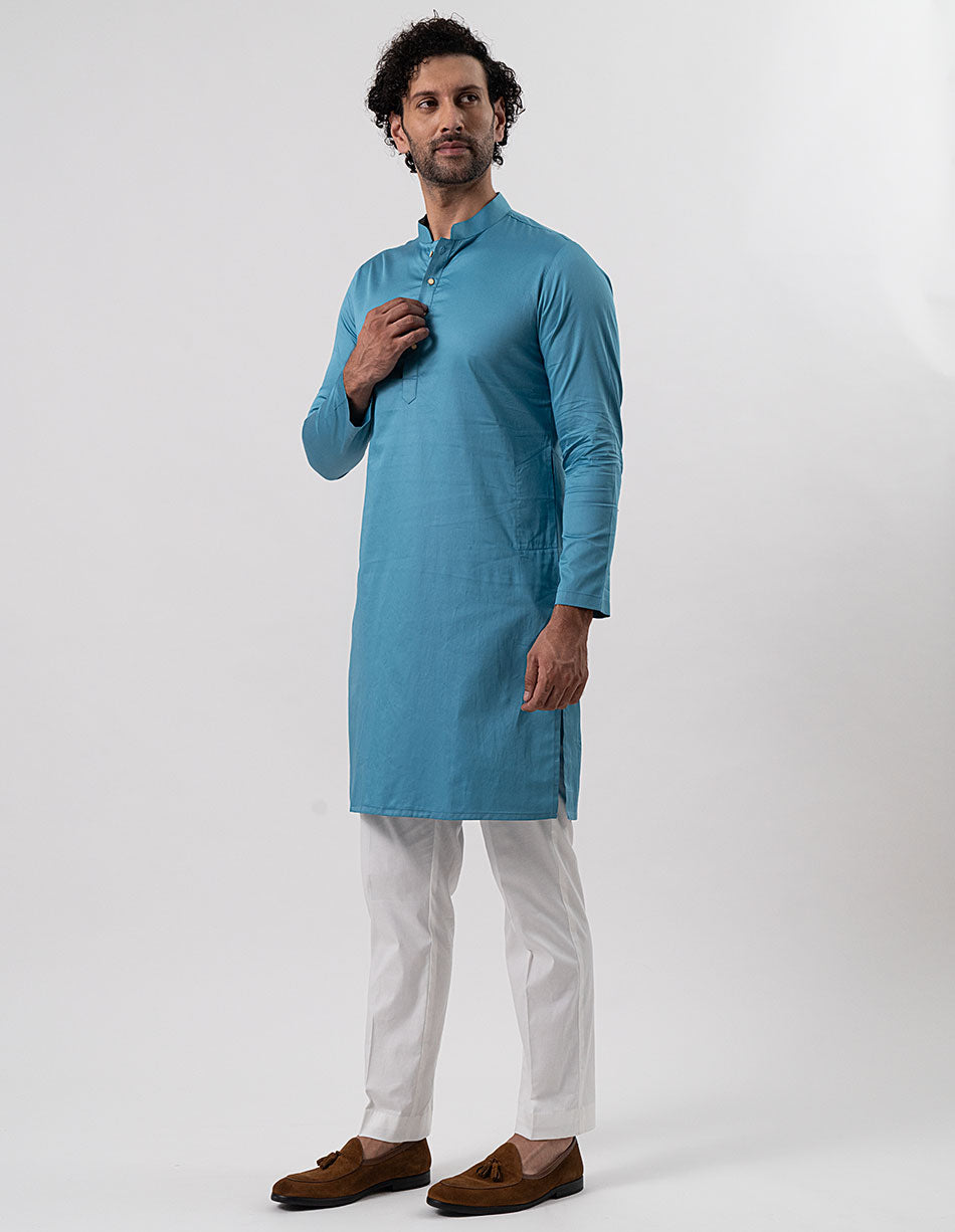 Teal Blue Cotton-Satin Kurta