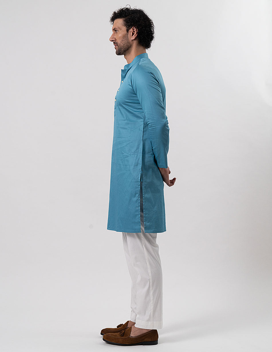 Teal Blue Cotton-Satin Kurta