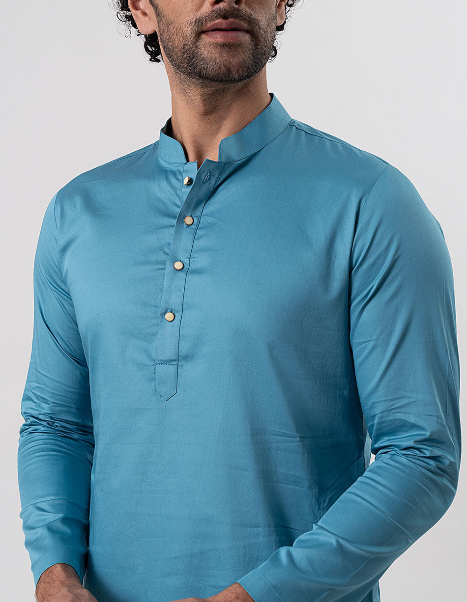 Teal Blue Cotton-Satin Kurta