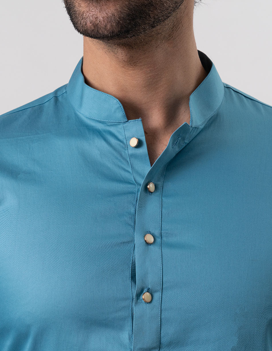 Teal Blue Cotton-Satin Kurta