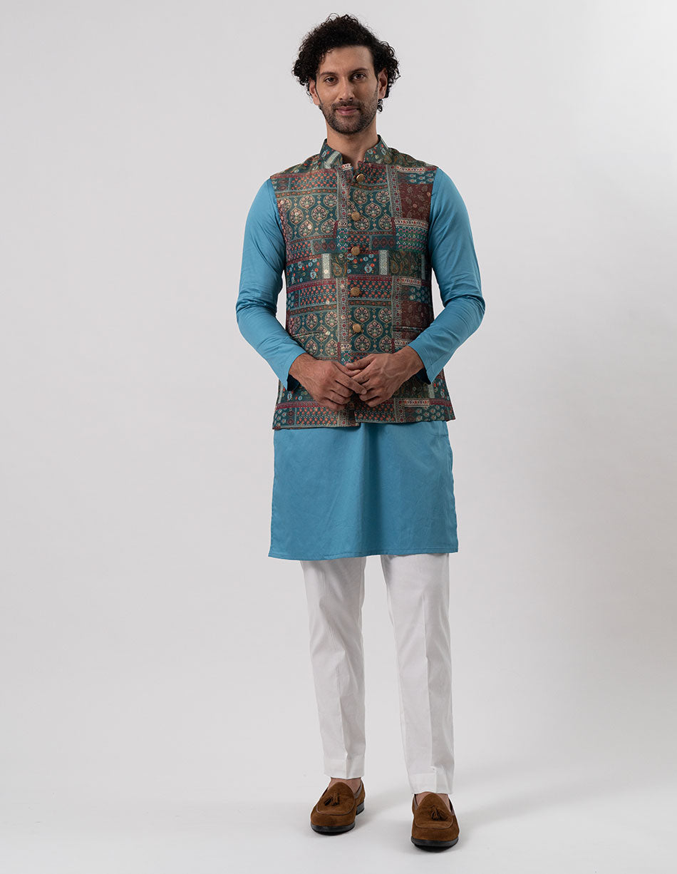 Teal Patchwork Jari Brocade Bandhgala