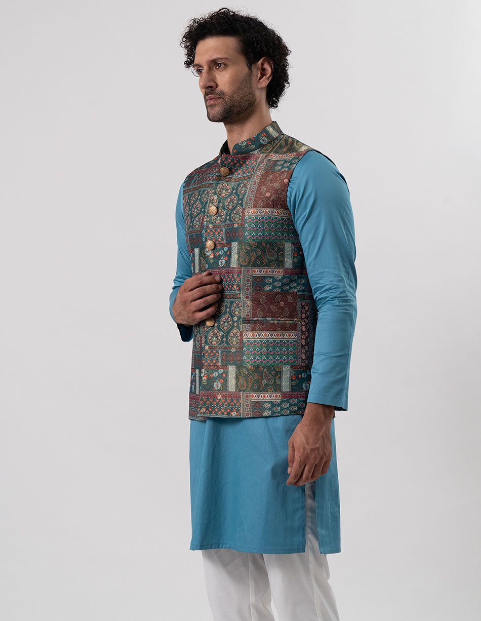 Teal Patchwork Jari Brocade Bandhgala