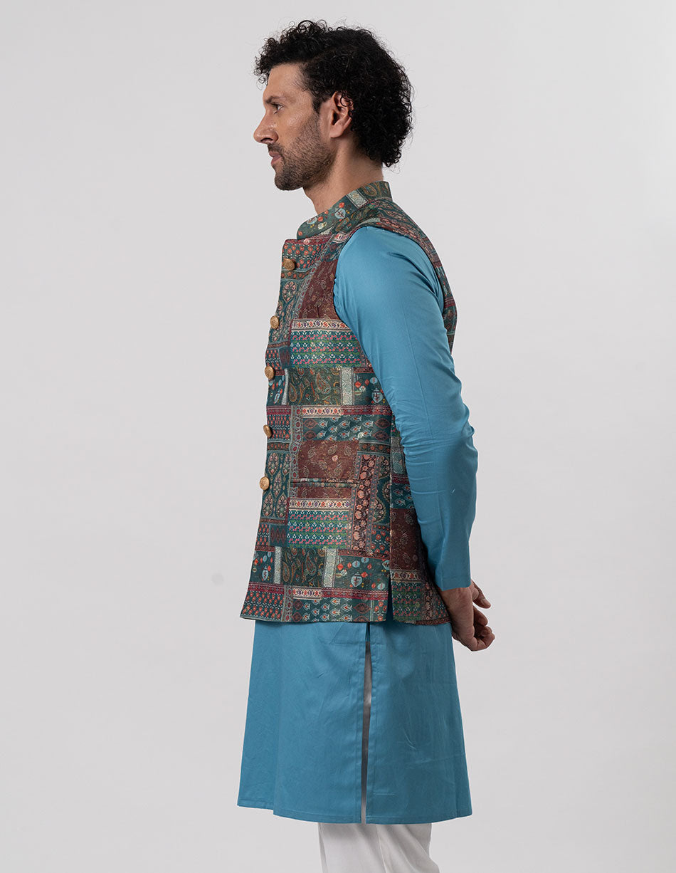 Teal Patchwork Jari Brocade Bandhgala