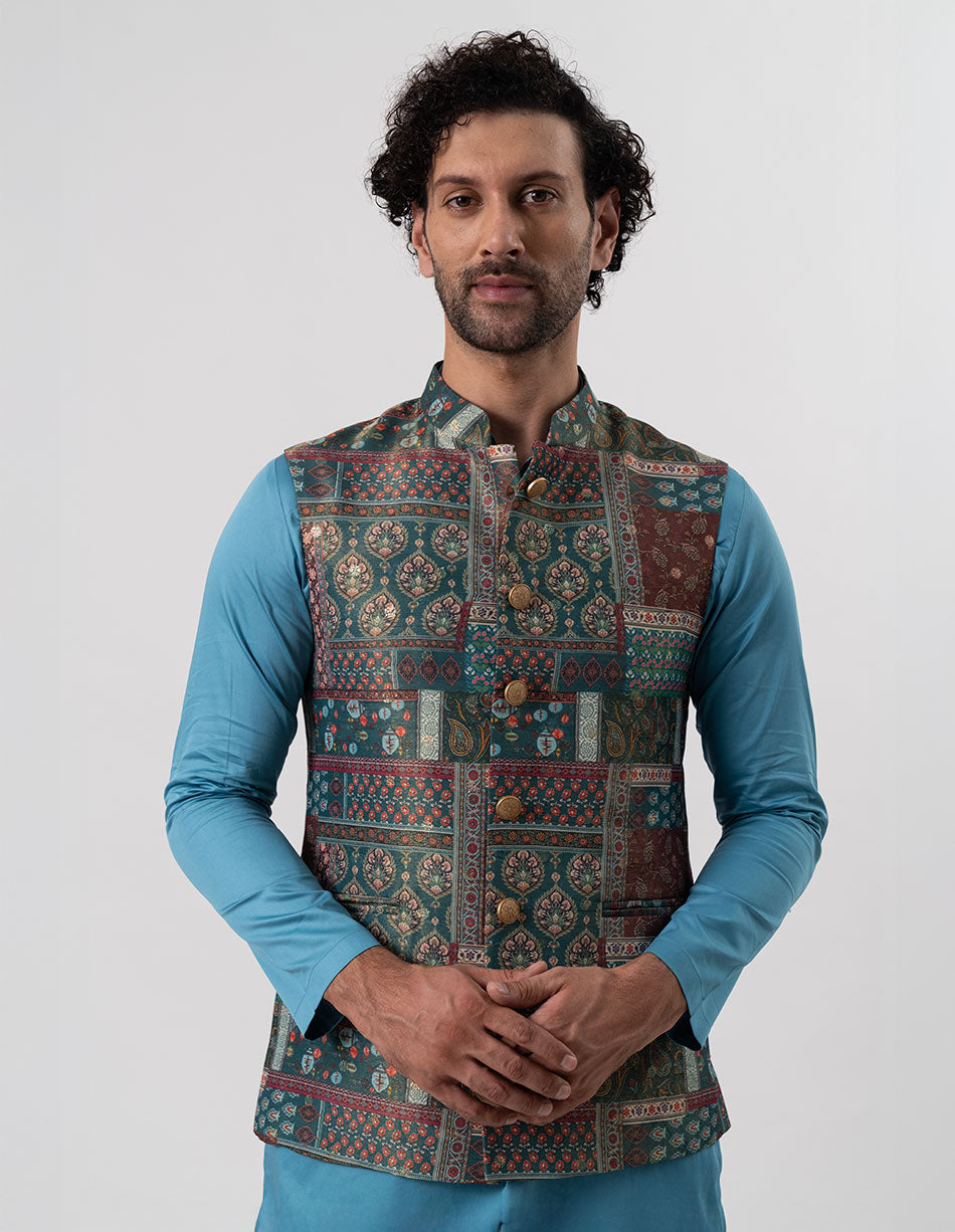 Teal Patchwork Jari Brocade Bandhgala