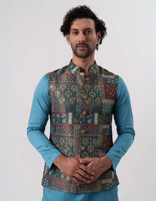 Teal Patchwork Jari Brocade Bandhgala