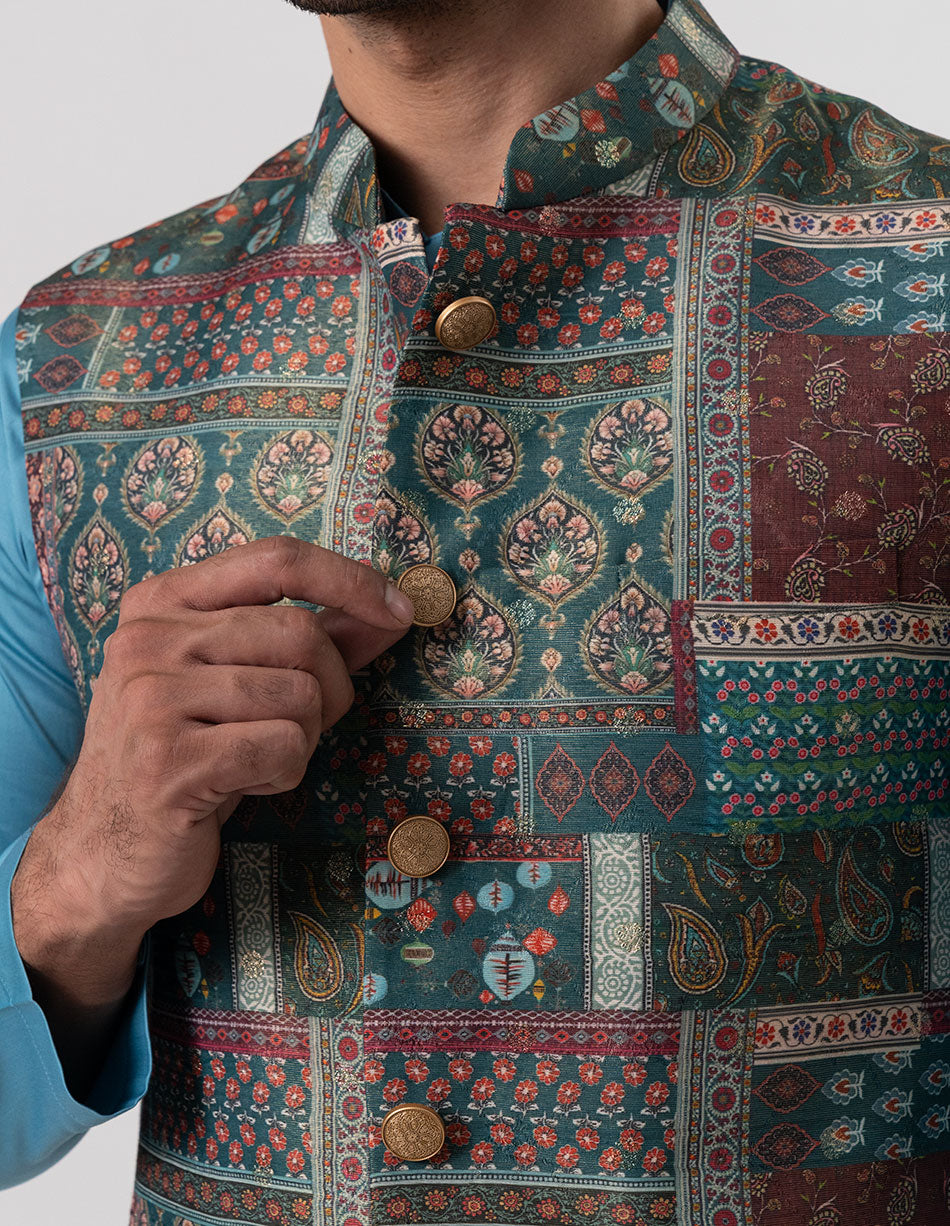 Teal Patchwork Jari Brocade Bandhgala