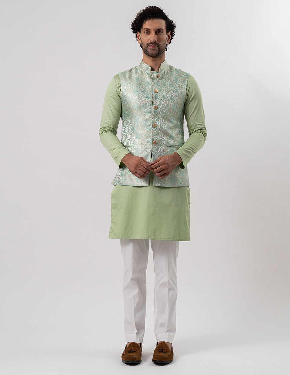 Mint Paisley Brocade Bandhgala