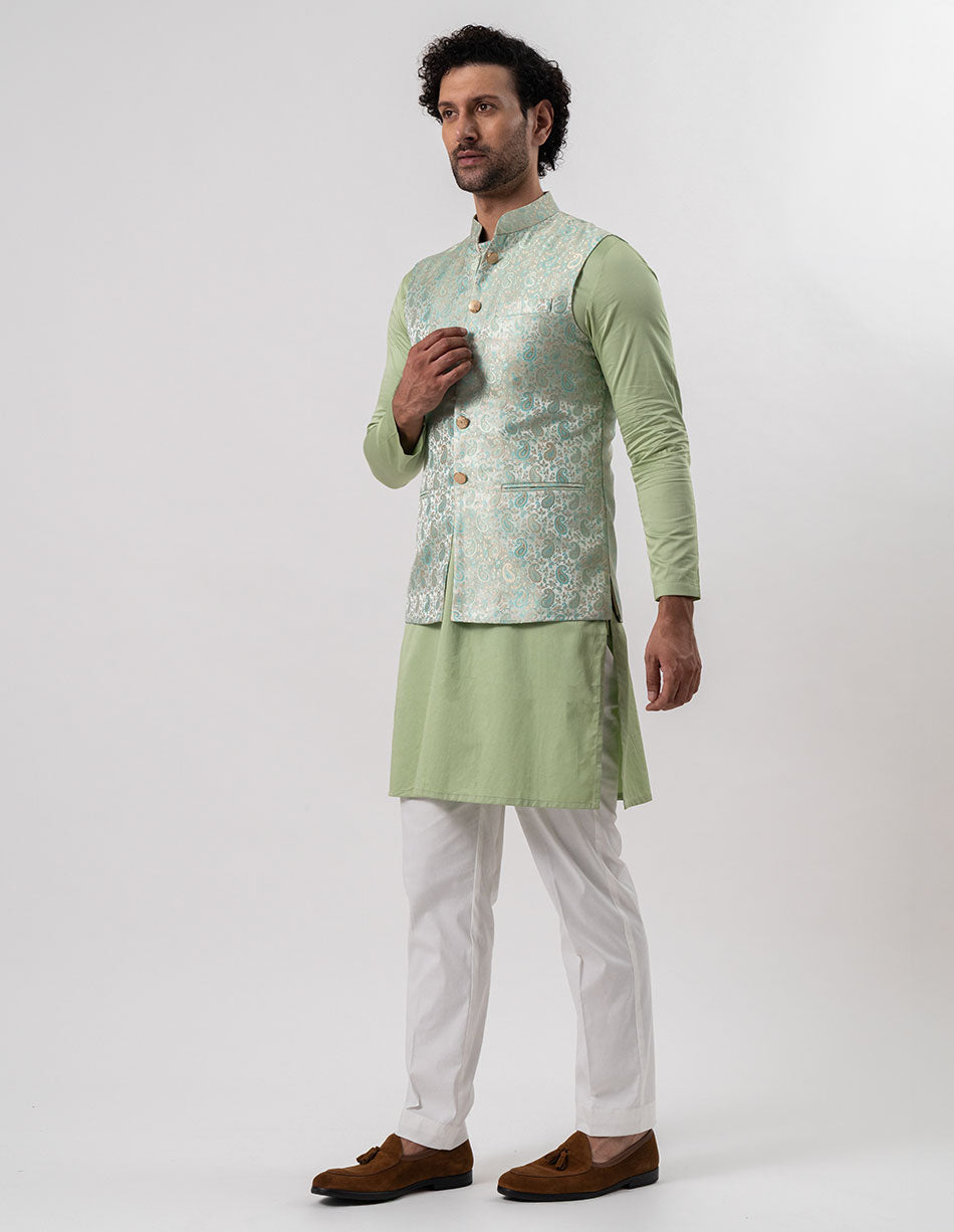 Mint Paisley Brocade Bandhgala