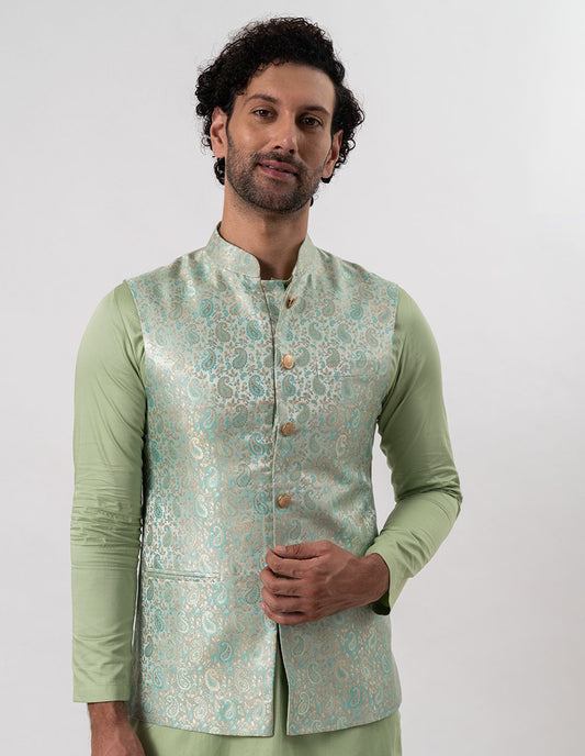 Mint Paisley Brocade Bandhgala