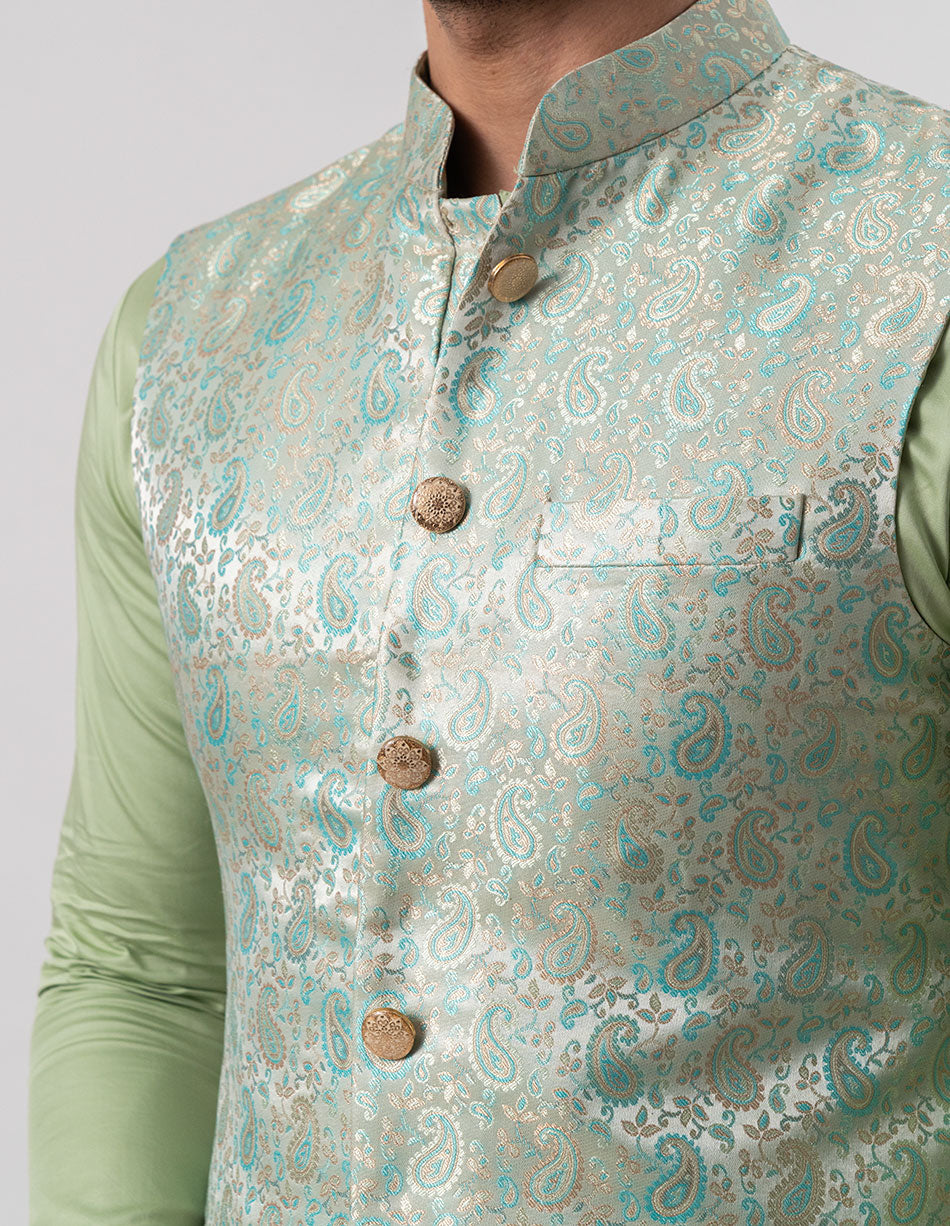 Mint Paisley Brocade Bandhgala