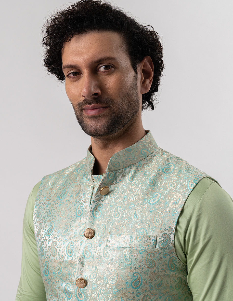Mint Paisley Brocade Bandhgala