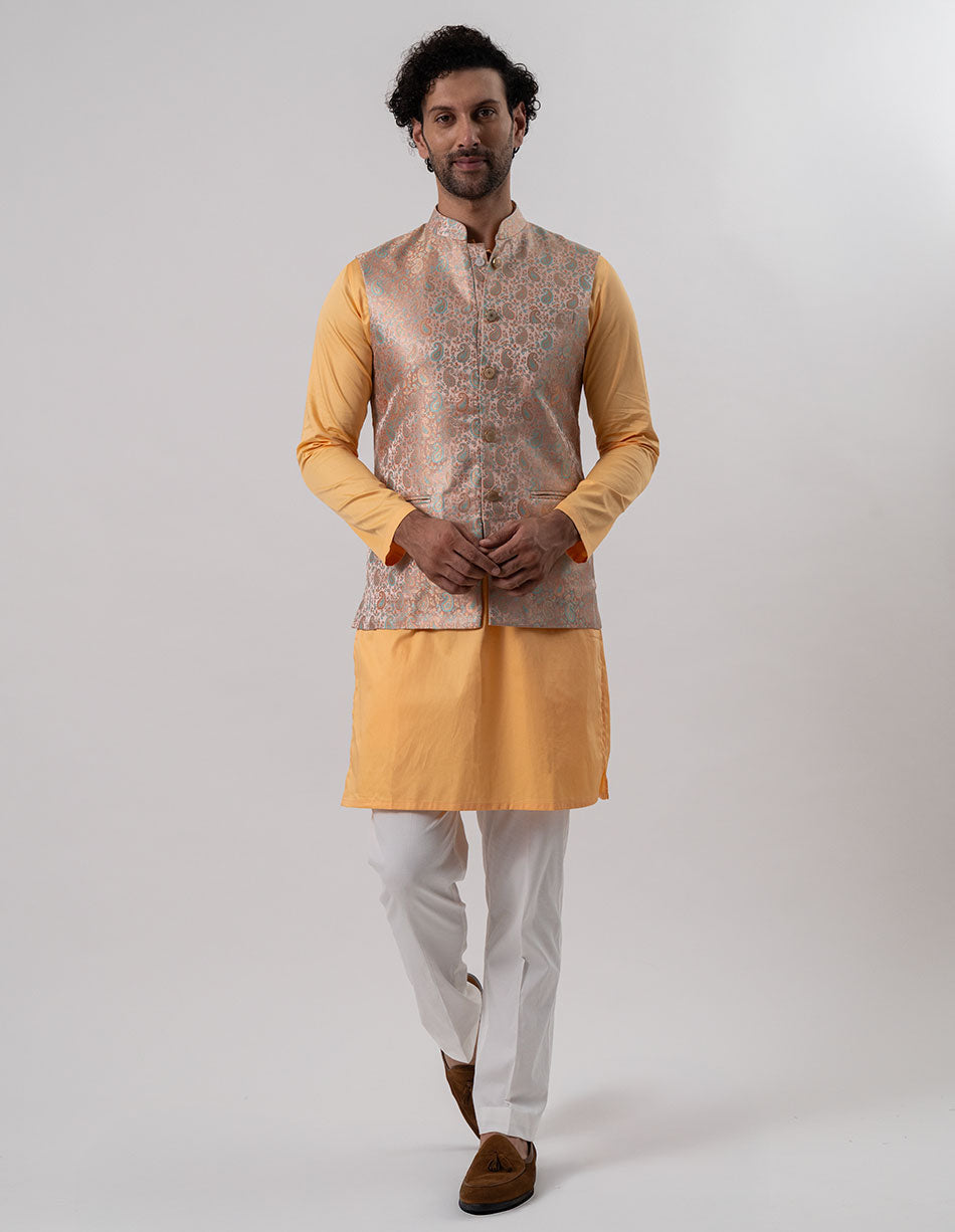Peach Gold Paisley Brocade Bandhgala