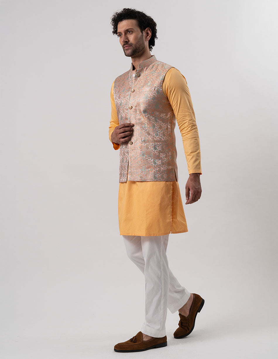 Peach Gold Paisley Brocade Bandhgala