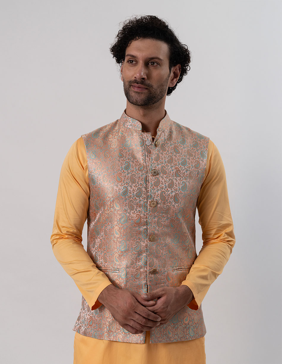 Peach Gold Paisley Brocade Bandhgala