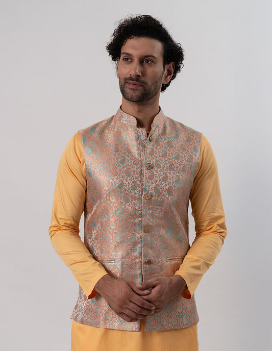 Peach Gold Paisley Brocade Bandhgala