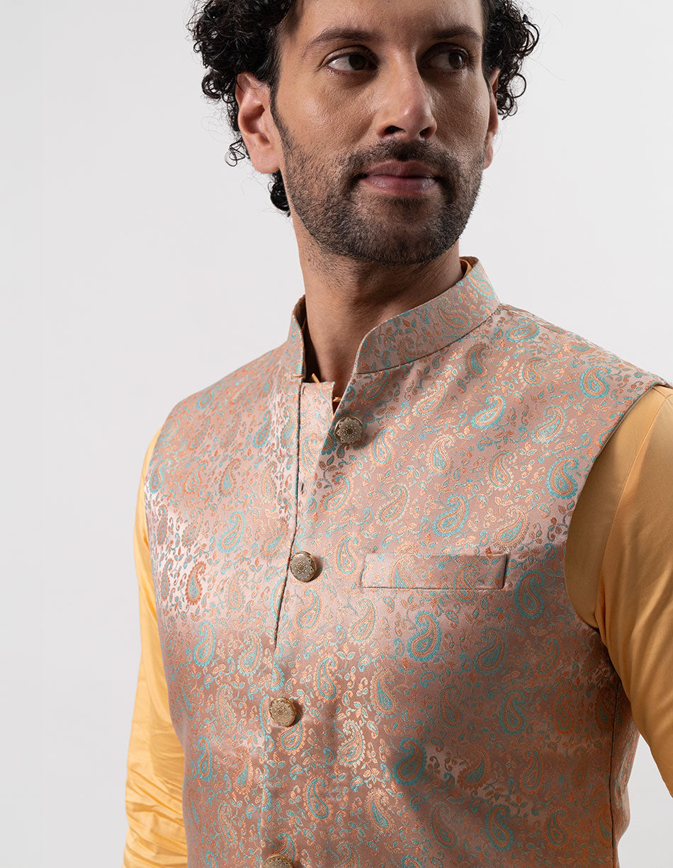 Peach Gold Paisley Brocade Bandhgala