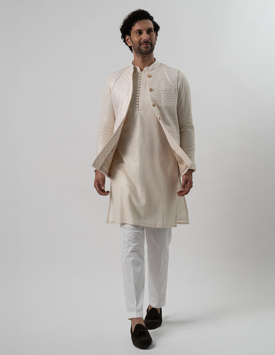 Ivory Blush Leaf Jaal Bandhgala