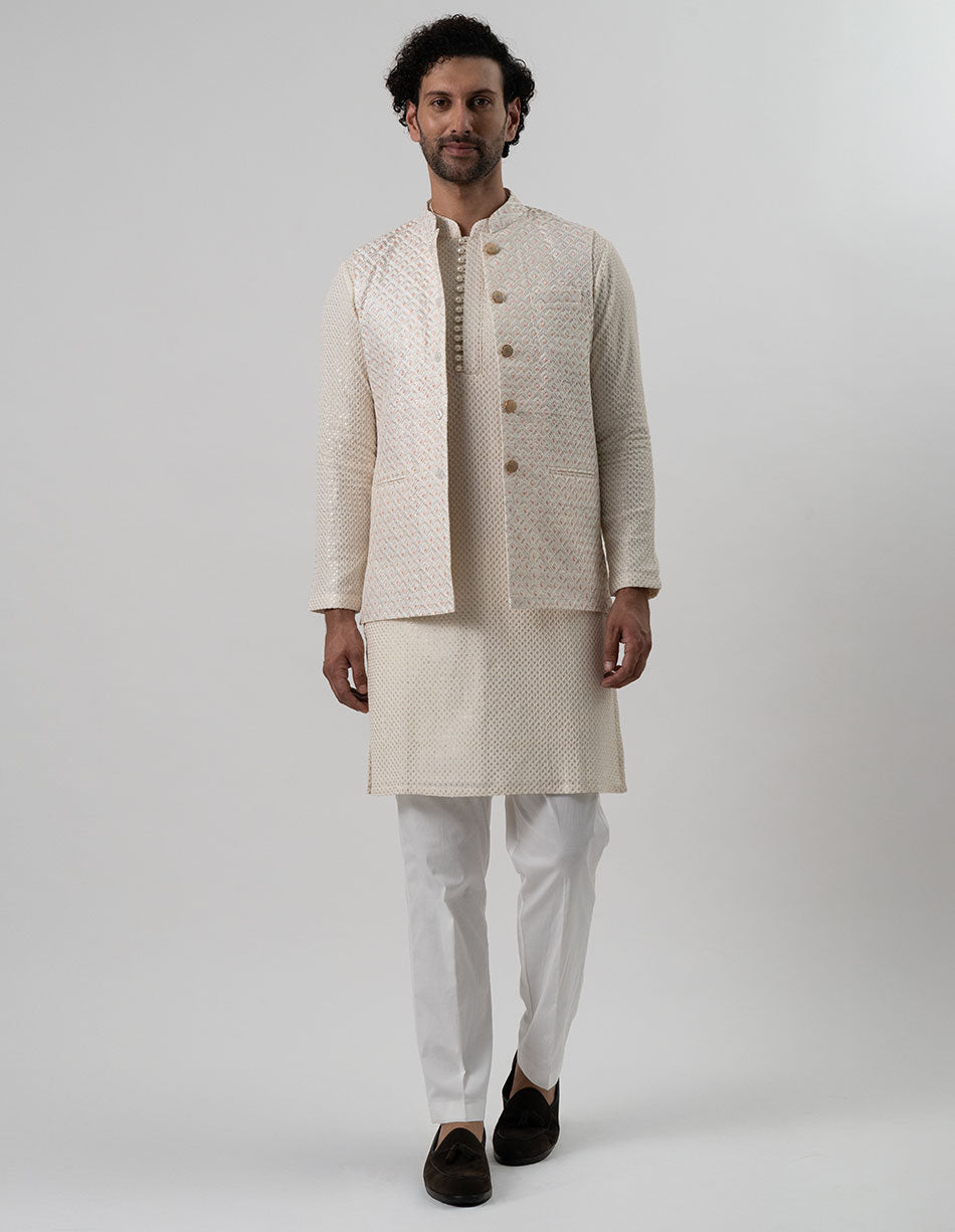 Ivory Blush Leaf Jaal Bandhgala