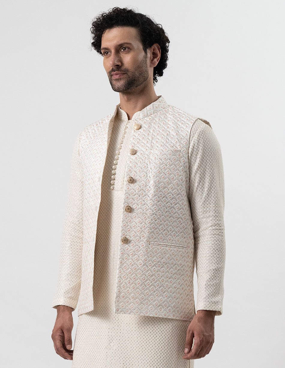 Ivory Blush Leaf Jaal Bandhgala