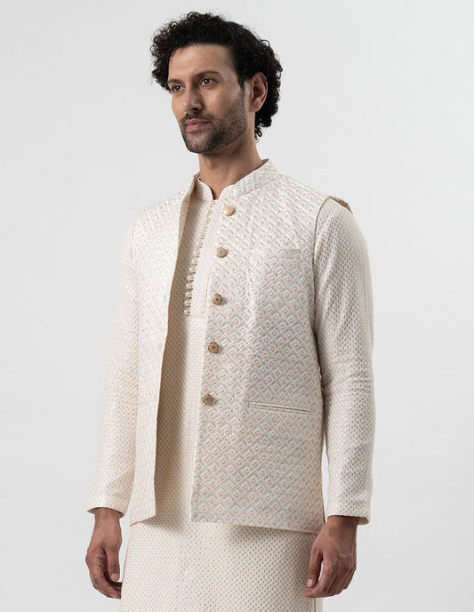 Ivory Blush Leaf Jaal Bandhgala
