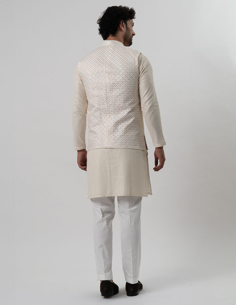 Ivory Blush Leaf Jaal Bandhgala