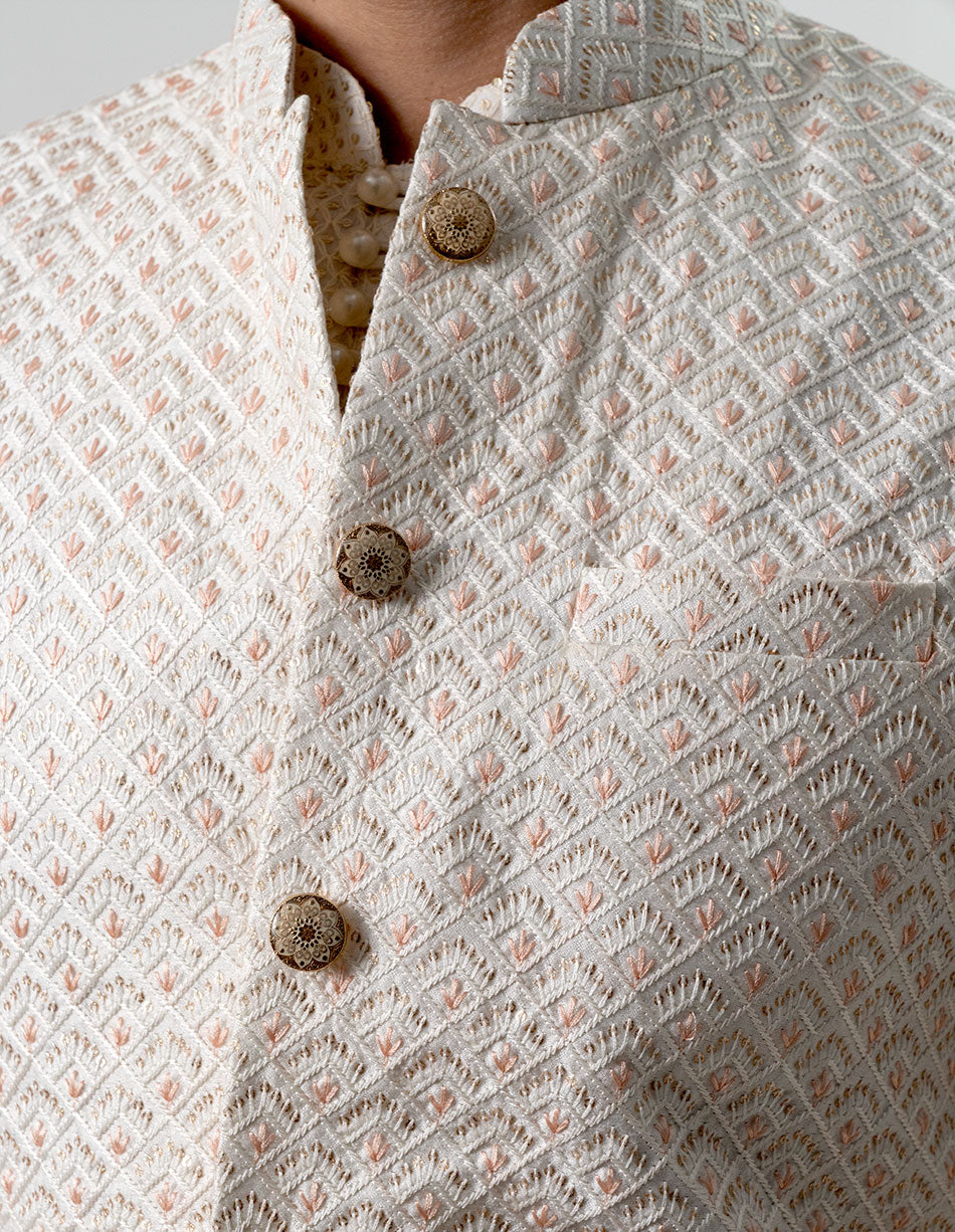 Ivory Blush Leaf Jaal Bandhgala