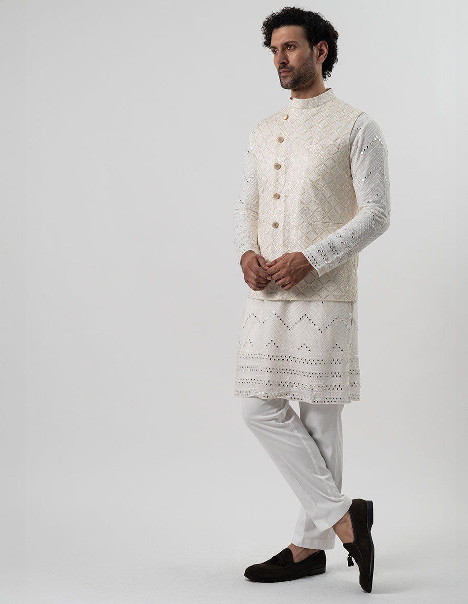 Ivory Zari Diamond Jaal Bandhgala