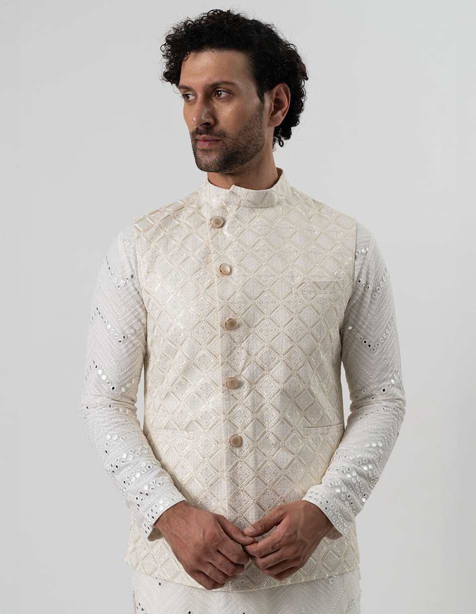 Ivory Zari Diamond Jaal Bandhgala