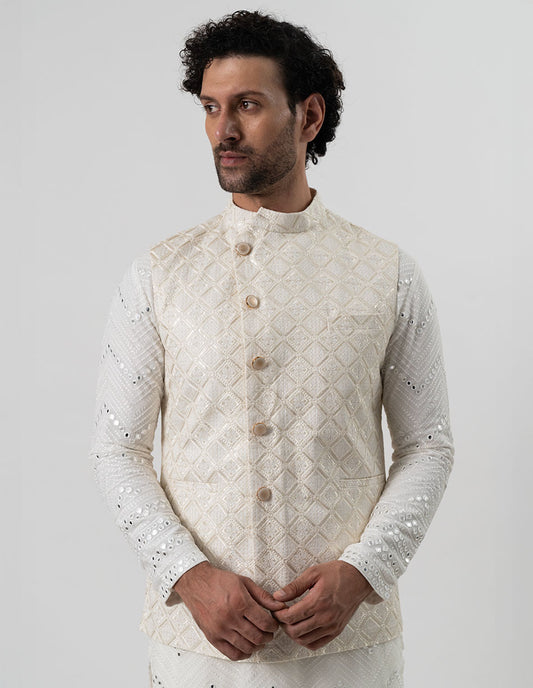 Ivory Zari Diamond Jaal Bandhgala