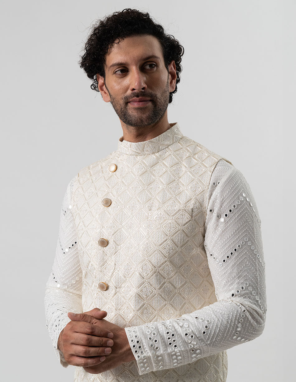 Ivory Zari Diamond Jaal Bandhgala