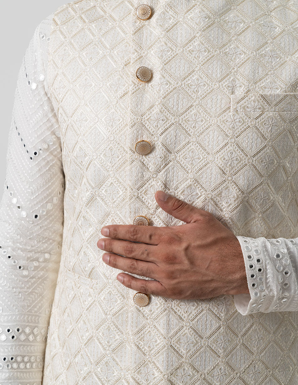 Ivory Zari Diamond Jaal Bandhgala