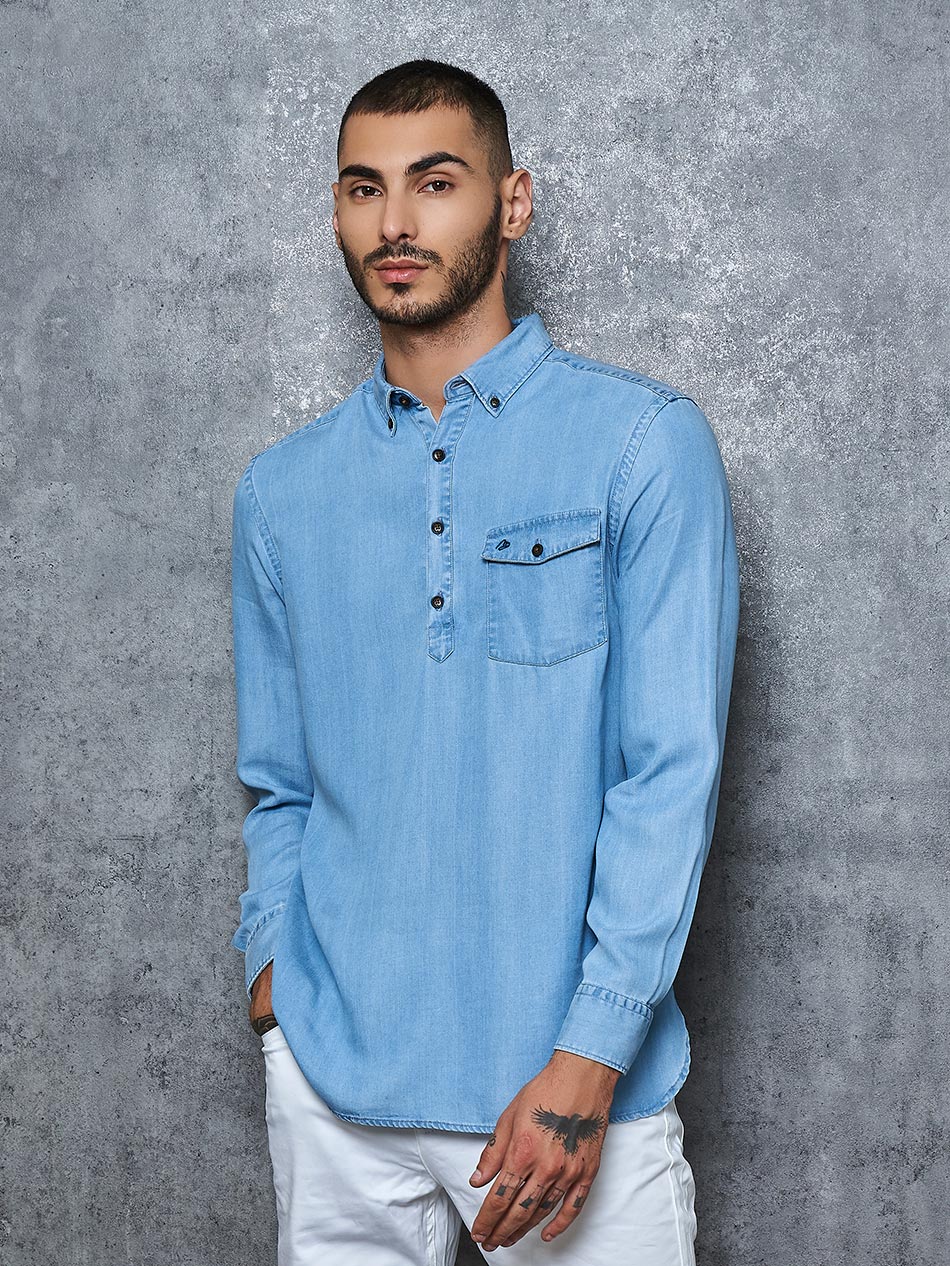 Light Wash Tencel Denim Popover Shirt