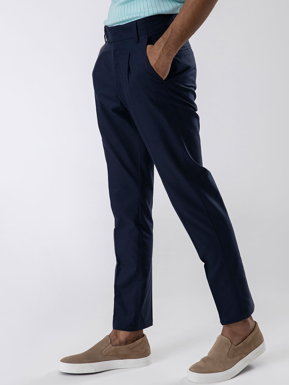 NAVY CHECK PLEATED TROUSER
