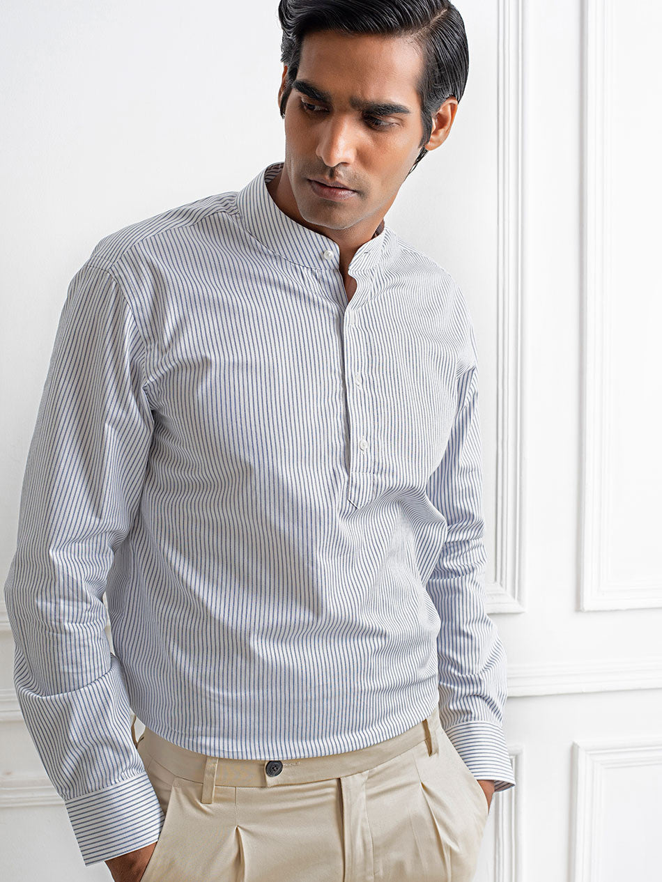 NAVY TWILL STRIPE POPOVER SHIRT