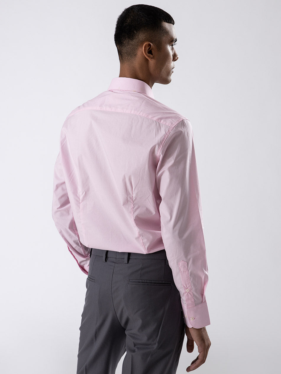 Men's Cotton Stretch Pink Formal Shirt with grey pants